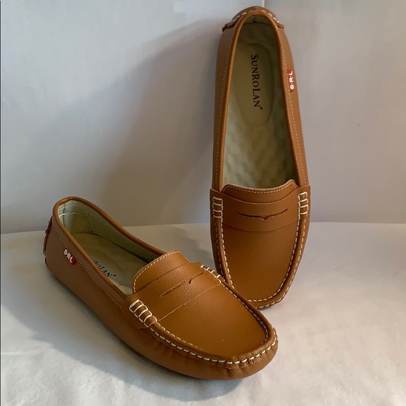 SUNROLAN Womens Classic Genuine Leather Penny Loafers Driving Moccasins Casual Slip On Boat Shoes Fashion Comfort Flats
